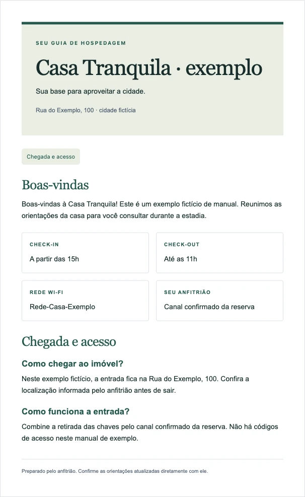 Prévia de um manual do hóspede do Guest Guide Studio, com dados fictícios de chegada, horários e Wi-Fi.